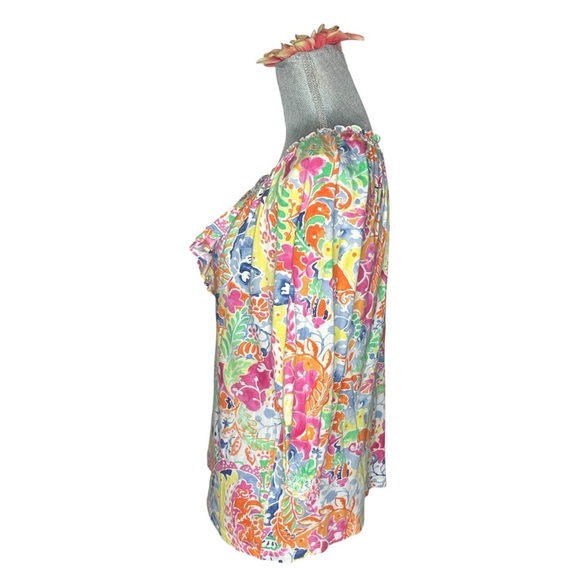 Lauren Ralph Lauren Ruffle V Neck Top Shirt Large Bright Multicolor - Picture 3 of 13